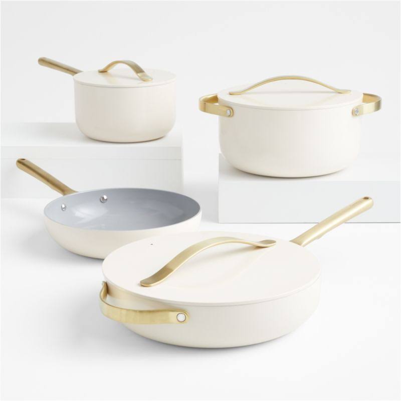 Caraway Home 7-Piece Cream Ceramic Non Stick Cookware Set with Gold Hardware