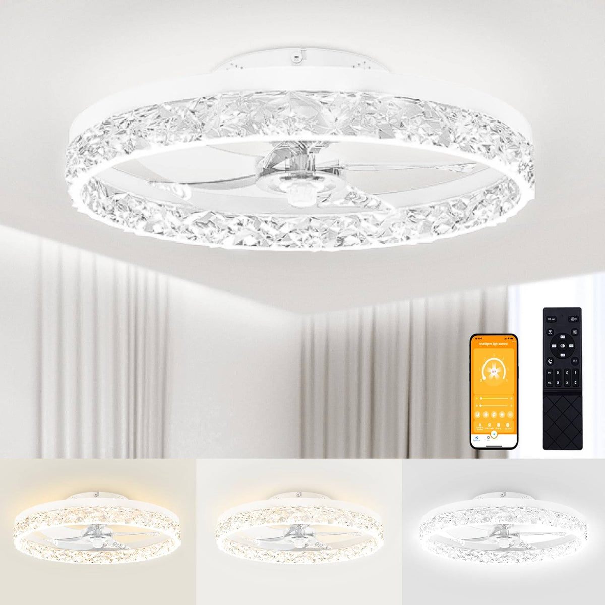 VOLISUN Modern Ceiling Fans with Lights and Remote, 19.7in Low Profile Ceiling Fan Flush Mount, 3000K 6500K Dimmable Bladeless LED Fan Light, White