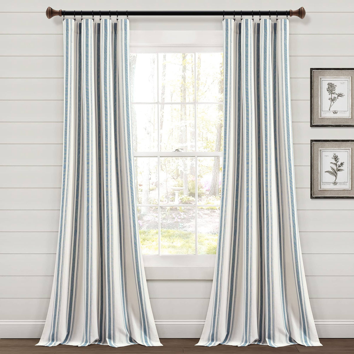 Lush Decor Farmhouse Stripe Yarn Dyed Cotton Window Curtain Panel Pair 84" x 42" Blue