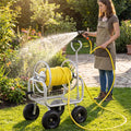 Portable Garden Hose Reel Cart Holds 300FT of 5/8" Large Capacity, Heavy Duty Metal Hose Cart with 4 Wheels & Storage Basket for Lawn Yard